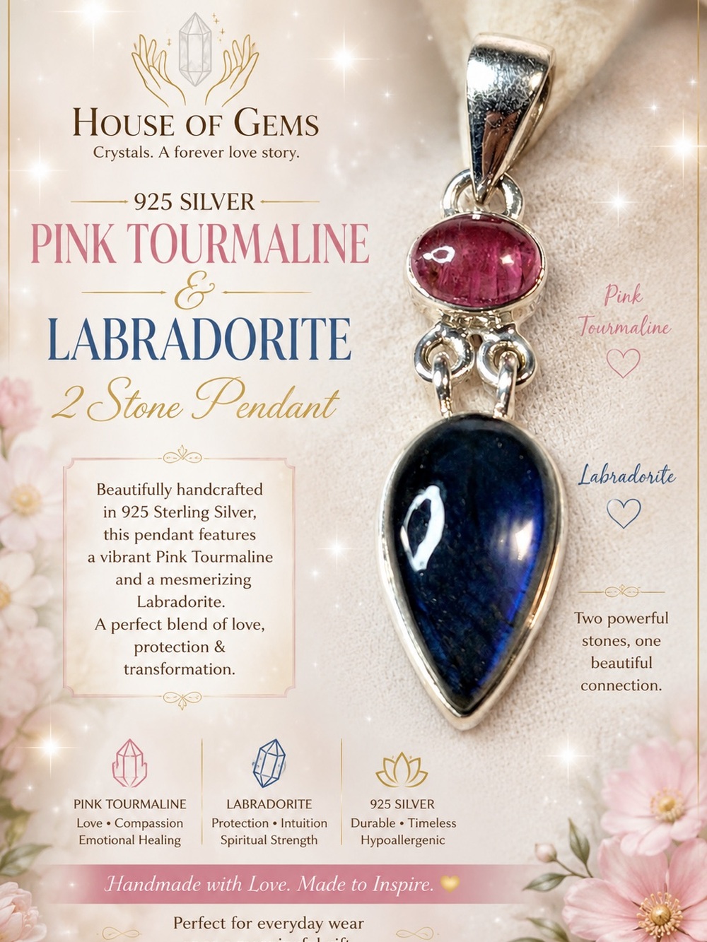 Pink Tourmaline & Labradorite 925 Pendant